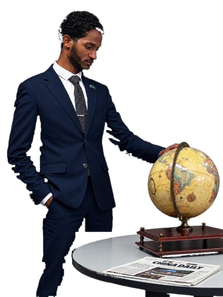 Henok Kinde Demelash in a navy suit, standing beside a globe.
